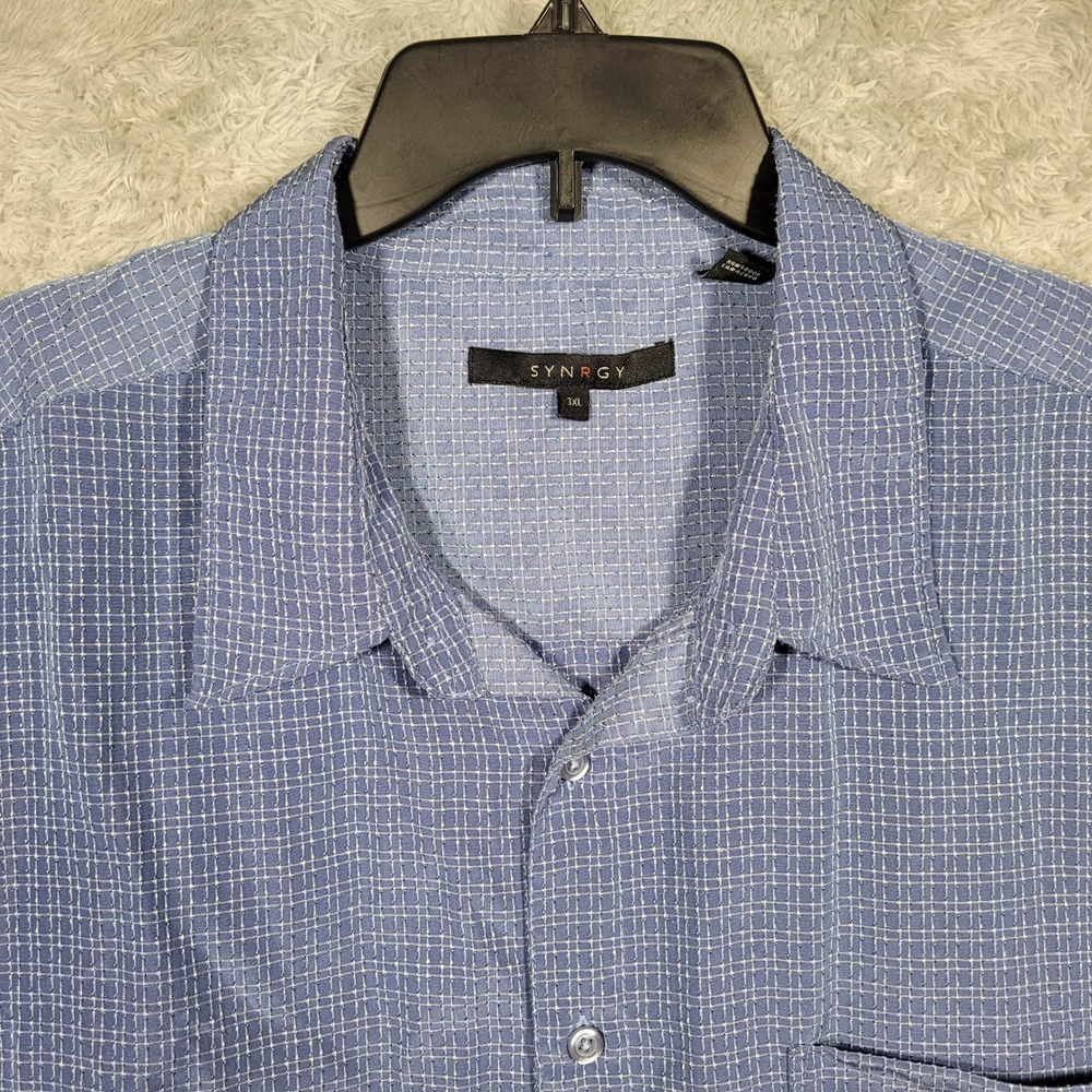 SYNRGY‎ Mens 3XL Button Up Shirt Blue Plaid Short Sleeve Casual